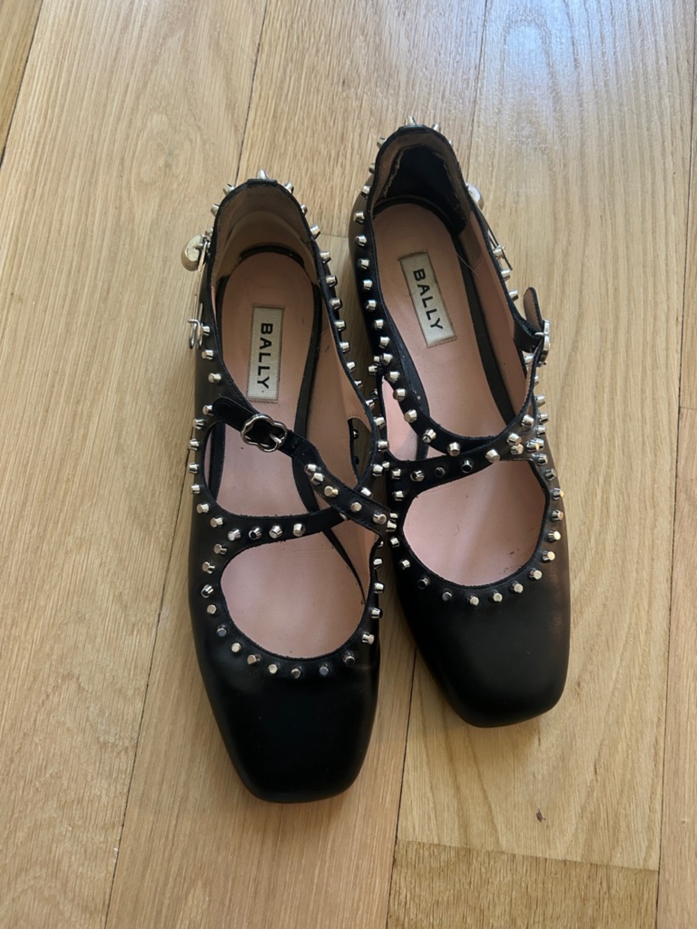 Bally Black Studded T-Strap Flats 40
